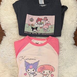 Hello Kitty and Kuromi Graphic Tees - Dark Gray and Pink